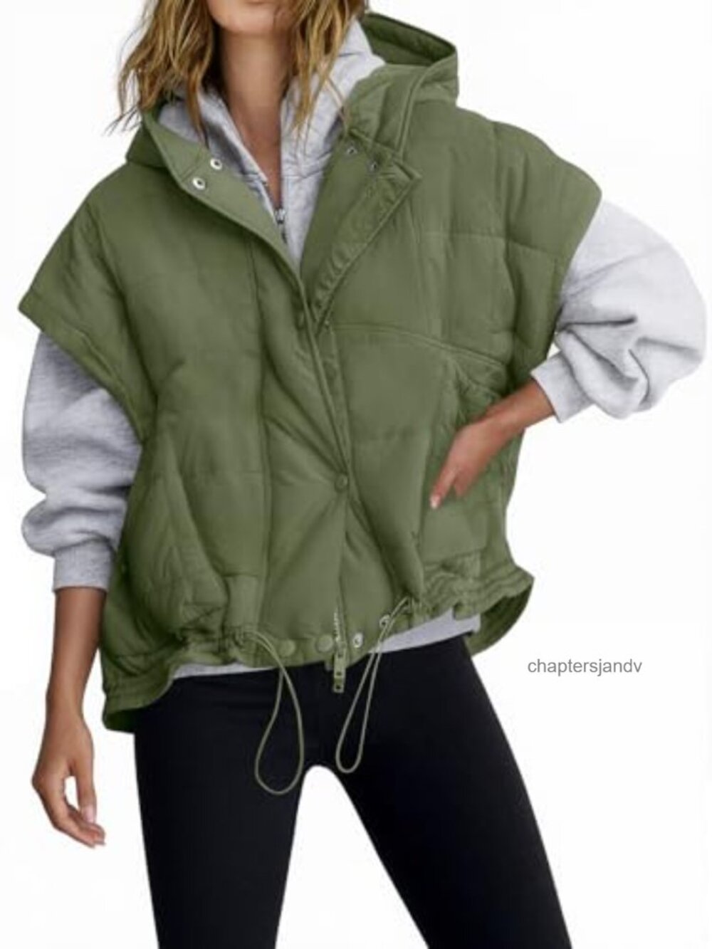 Oversized Hooded Quilted Puffer Vest Cap Sleeve Warm Padded Coat